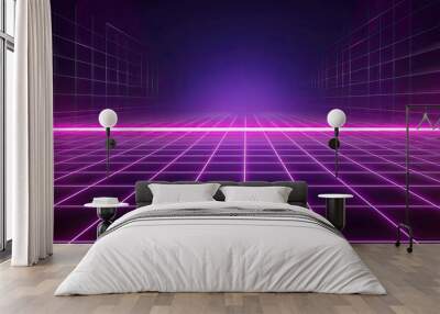 Neon wireframe horizon background The light purple square floor glows  Wall mural