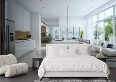 Open plan kitchen with modern appliances and clean countertop with white cabinets in contemporary apartment Wall mural