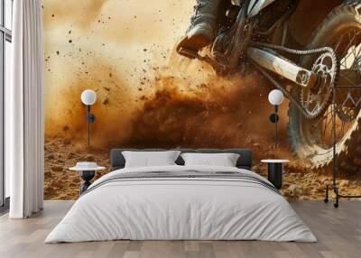 Sand, dust and motorbike wheel for sports with power speed of training, performance technique and fitness.  Wall mural