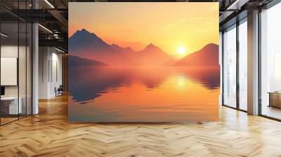 Sunset over a tranquil lake with mountains in the background  warm colors and soft reflections Wall mural