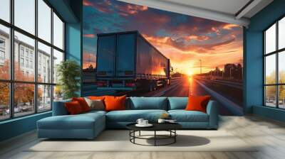 Truck transportation on the road at sunset Wall mural