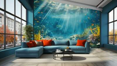 Underwater image of coral reef and Masked Butterfly Fish Wall mural