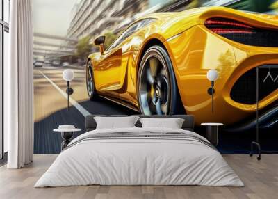 Yellow sports car riding on highway road. Car in fast motion. Fast moving supercar on the street. 3d illustration Wall mural