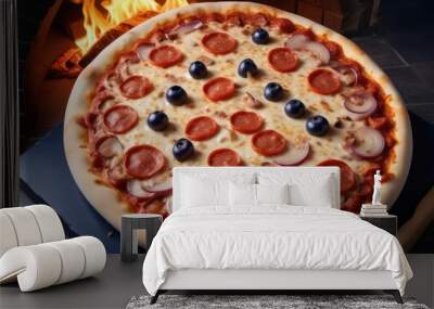 35mm film photography, a supreme pizza with an assortment of toppings like pepperoni, onions, and bell peppers, sitting on a pizza stone in an oven with flames visible, high detail, navy blue, ai Wall mural