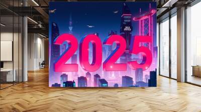 3D rendering of the text '2025' in a futuristic cityscape, illuminated by neon lights, surrounded by tall skyscrapers and flying vehicles, with a clear night sky in the background., ai Wall mural