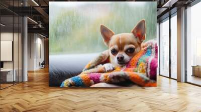 A Chihuahua wrapped in a colorful blanket, resting on a couch with a window showing a rainy day outside. copy space , ai Wall mural