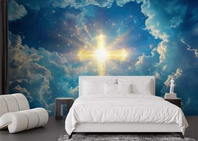 A divine cross shimmers in the sky, basking in the radiance of the sun , ai Wall mural