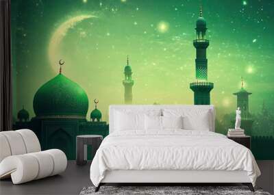 A poster for a mosque with a green dome and a mosque in the background. Milad un Nabi banner and Islamic background with Mawlid al Nabi celebration poster, ai Wall mural