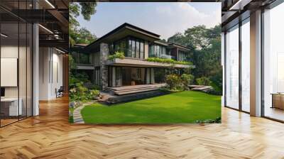 a Spacious contemporary house with lush greenery surrounding it , ai Wall mural