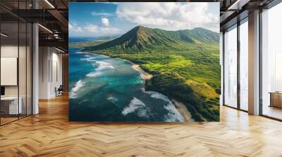 Aerial view of Koko Head and mountain landscape overlooking ocean and beach, Hawaii, United States, ai Wall mural