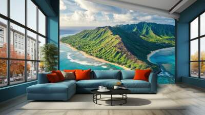 Aerial view of Koko Head and mountain landscape overlooking ocean and beach, Hawaii, United States, ai Wall mural