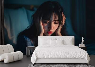 Annoyed, stressed, anxiety asian young woman suffering from insomnia, frustrated awake on bed at night, headache or migraine, health care problem, disturbed trouble of loud noise, unable sleepless, ai Wall mural