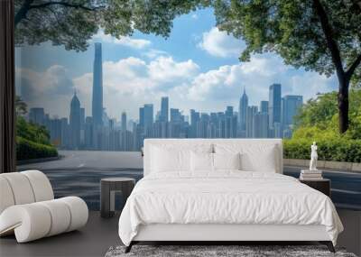 Asphalt highway road and city skyline with modern buildings scenery in Guangzhou. Car background , ai Wall mural