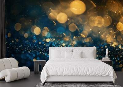 background of abstract glitter lights. blue, gold and black. de focused. banner - generative ai Wall mural