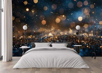 background of abstract glitter lights. blue, gold and black. de focused. banner - generative ai Wall mural