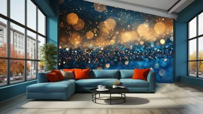 background of abstract glitter lights. blue, gold and black. de focused. banner - generative ai Wall mural