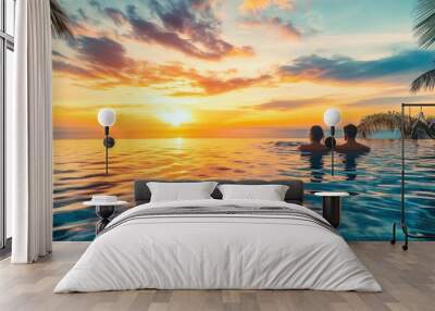 beach holidays for couple in luxury hotel, banner background with copyspace, man and woman relaxing near swimming pool at sunset , ai Wall mural