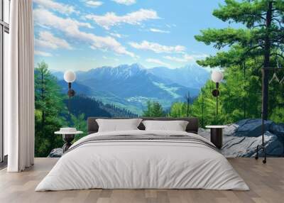 Beautiful mountain view with forests and rocks, ai Wall mural