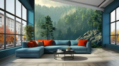 Beautiful mountain view with forests and rocks, ai Wall mural