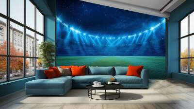 beautiful sports stadium with a green grass field shines with blue spotlights at night with stars. Sports tournament, world championship , ai Wall mural