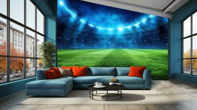 beautiful sports stadium with a green grass field shines with blue spotlights at night with stars. Sports tournament, world championship , ai Wall mural