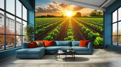 beautiful view in a green farm field with rows of rural plants and vegetables with amazing sunset or sunrise on background of agricultural landscape, ai Wall mural