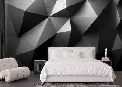 Black white dark gray silver abstract pattern background. Geometric shape. Line triangle angle fold polygon diamond 3D. Gradient. Rough grain noise. Light shadow. Matte shimmer. Design. Minimum , ai Wall mural