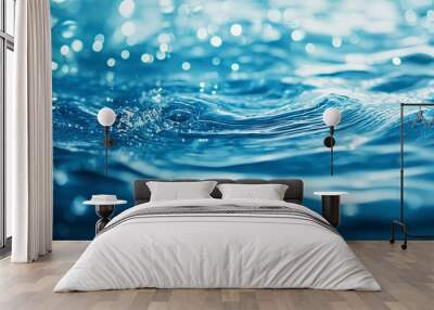 Blue water with ripples on the surface. Defocus blurred transparent blue colored clear calm water surface texture with splashes and bubbles. Water waves with shining pattern texture background , ai Wall mural