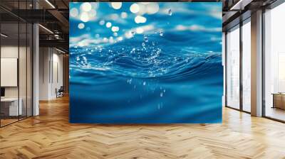 Blue water with ripples on the surface. Defocus blurred transparent blue colored clear calm water surface texture with splashes and bubbles. Water waves with shining pattern texture background , ai Wall mural