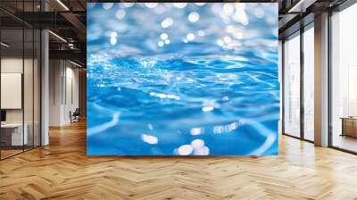 Blue water with ripples on the surface. Defocus blurred transparent blue colored clear calm water surface texture with splashes and bubbles. Water waves with shining pattern texture background , ai Wall mural