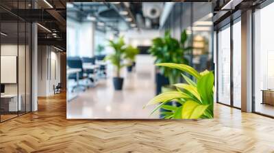 Blur background of modern workplace decorated with green plant. Blurred office corridor with plants and glass walls. Modern office interior concept. Design for poster, wallpaper, banner. Spate, ai Wall mural