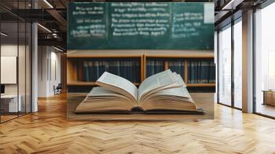 book with open pages, close up, books on the shelf in school, open book on wooden table. back to school concept, ai Wall mural