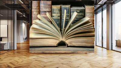 book with open pages, close up, books on the shelf in school, open book on wooden table. back to school concept , ai Wall mural