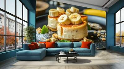 Breakfast. Delicious cheesecakes with ripe banana, ai Wall mural