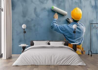 Building contractor painting grey wall with roller brush, copy space text. Construction worker renovating house , ai Wall mural