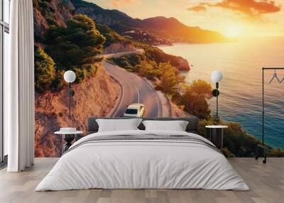 car driving on beautiful road in colorful sunset landscape in summer. Nature scenery on coastline highway. Europe travel trip in sea coast road landscape. summer vacation journey on road , ai Wall mural