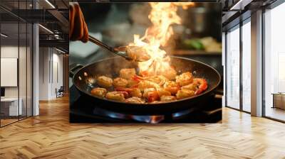 Chef hand in restaurant kitchen with pan, cooking flambe on shrimps , ai Wall mural