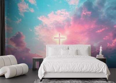 Christian cross appeared bright in the sky with soft fluffy clouds, white, beautiful colors. With the light shining as hope, love and freedom in the sky background , ai Wall mural