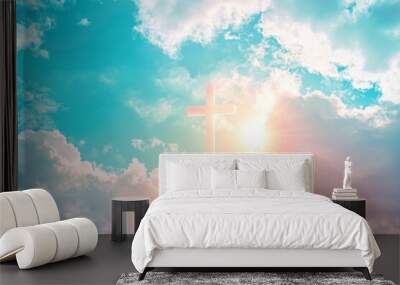 Christian cross appeared bright in the sky with soft fluffy clouds, white, beautiful colors. With the light shining as hope, love and freedom in the sky background , ai Wall mural