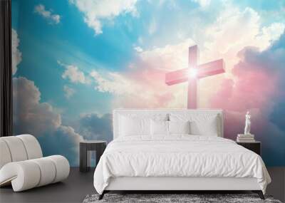 Christian cross appeared bright in the sky with soft fluffy clouds, white, beautiful colors. With the light shining as hope, love and freedom in the sky background , ai Wall mural