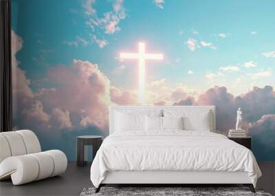 Christian cross appeared bright in the sky with soft fluffy clouds, white, beautiful colors. With the light shining as hope, love and freedom in the sky background , ai Wall mural