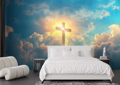 Christian cross appeared bright in the sky with soft fluffy clouds, white, beautiful colors. With the light shining as hope, love and freedom in the sky background , ai Wall mural