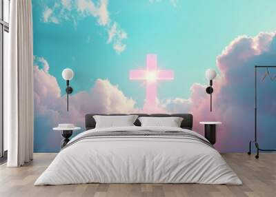 Christian cross appeared bright in the sky with soft fluffy clouds, white, beautiful colors. With the light shining as hope, love and freedom in the sky background , ai Wall mural