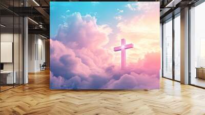 Christian cross appeared bright in the sky with soft fluffy clouds, white, beautiful colors. With the light shining as hope, love and freedom in the sky background , ai Wall mural