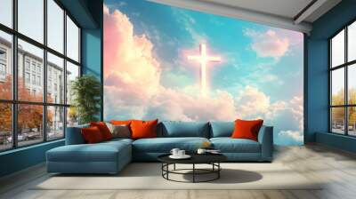 Christian cross appeared bright in the sky with soft fluffy clouds, white, beautiful colors. With the light shining as hope, love and freedom in the sky background , ai Wall mural