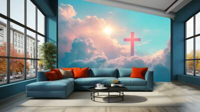 Christian cross appeared bright in the sky with soft fluffy clouds, white, beautiful colors. With the light shining as hope, love and freedom in the sky background , ai Wall mural