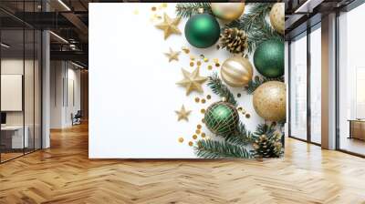 Christmas decorations concept. Top view photo of gold and green baubles balls star ornaments confetti and pine branches on isolated white background with empty space, ai Wall mural