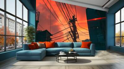 Close up bottom view electricity overhead power lines on sunset sky in Jakarta Indonesia, with digital laser beam. Industrial technology background , ai Wall mural