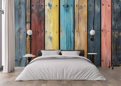 close up of abstract wall made of color wooden planks. timber texture in vertical planks pattern. rustic style wallpaper , ai Wall mural