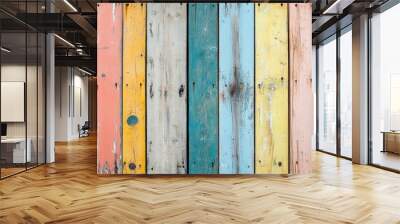 close up of abstract wall made of color wooden planks. timber texture in vertical planks pattern. rustic style wallpaper , ai Wall mural